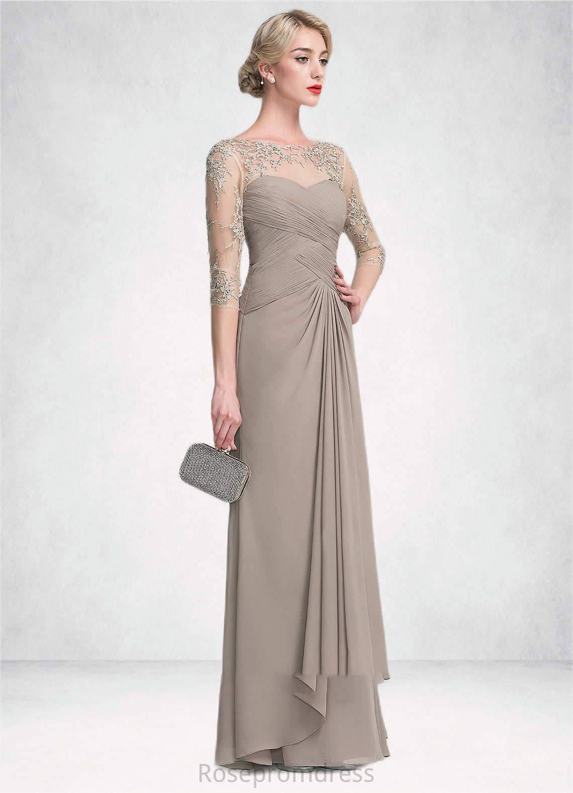 Renee A-Line Scoop Neck Floor-Length Chiffon Lace Mother of the Bride Dress With Beading Sequins Cascading Ruffles SRSP0014551