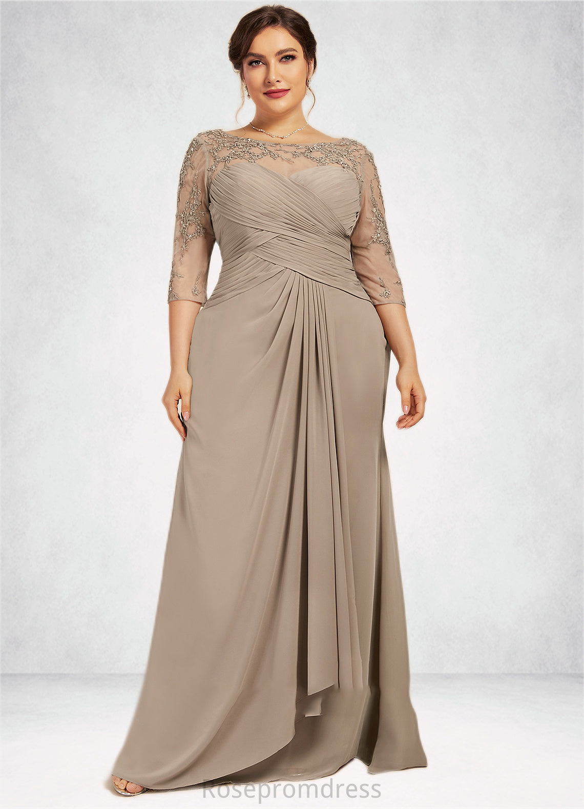 Renee A-Line Scoop Neck Floor-Length Chiffon Lace Mother of the Bride Dress With Beading Sequins Cascading Ruffles SRSP0014551