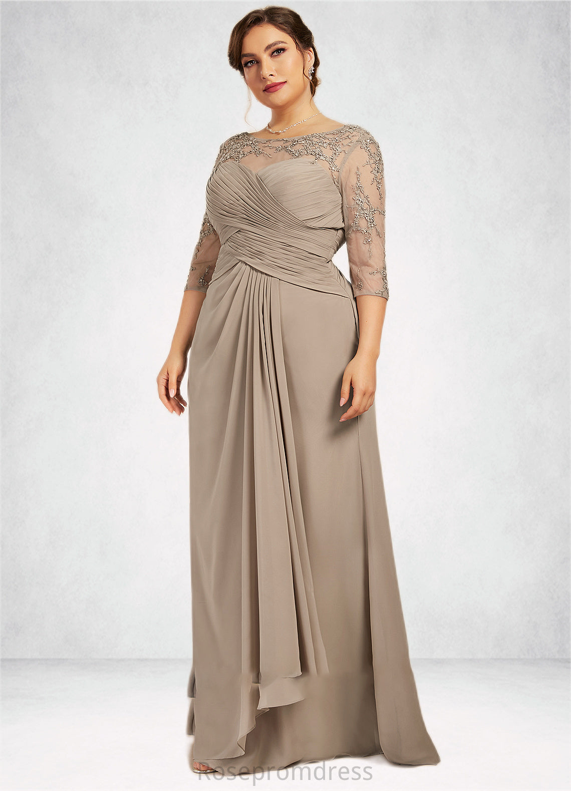 Renee A-Line Scoop Neck Floor-Length Chiffon Lace Mother of the Bride Dress With Beading Sequins Cascading Ruffles SRSP0014551