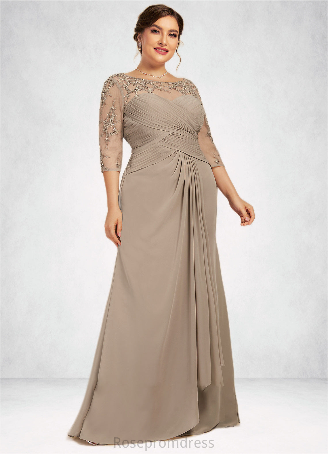 Renee A-Line Scoop Neck Floor-Length Chiffon Lace Mother of the Bride Dress With Beading Sequins Cascading Ruffles SRSP0014551
