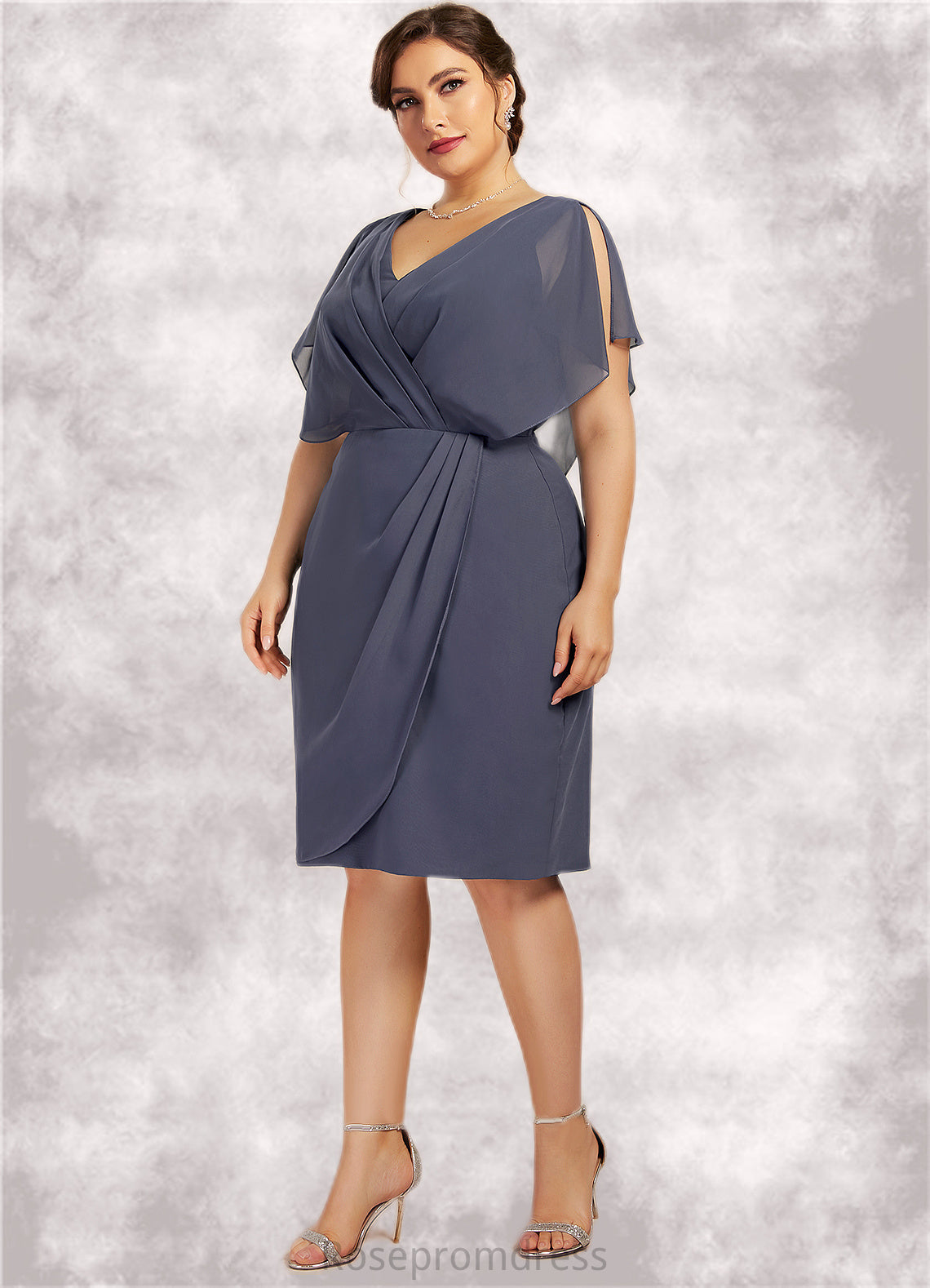 Amara Sheath/Column V-neck Knee-Length Chiffon Mother of the Bride Dress With Ruffle SRSP0014552