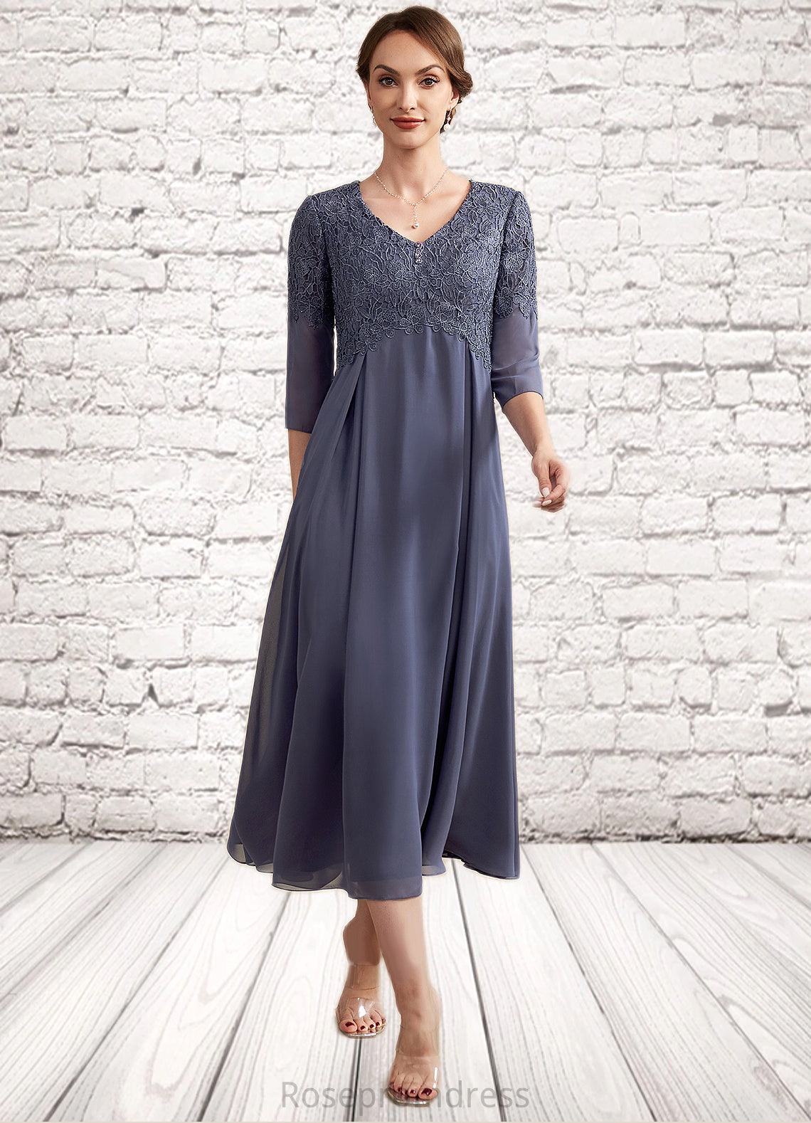 Aryanna A-line V-Neck Tea-Length Chiffon Lace Mother of the Bride Dress With Beading SRSP0014554
