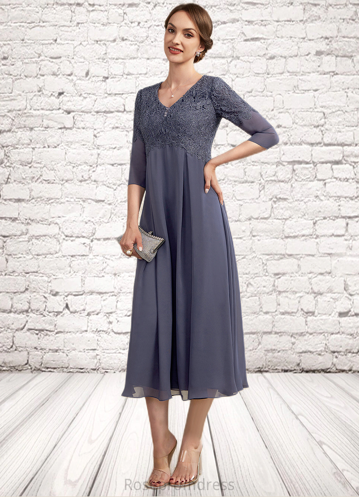 Aryanna A-line V-Neck Tea-Length Chiffon Lace Mother of the Bride Dress With Beading SRSP0014554