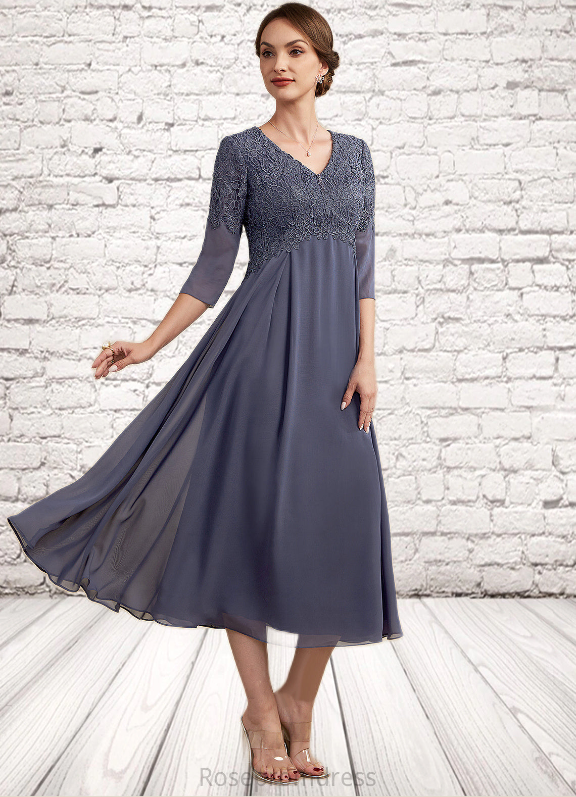 Aryanna A-line V-Neck Tea-Length Chiffon Lace Mother of the Bride Dress With Beading SRSP0014554