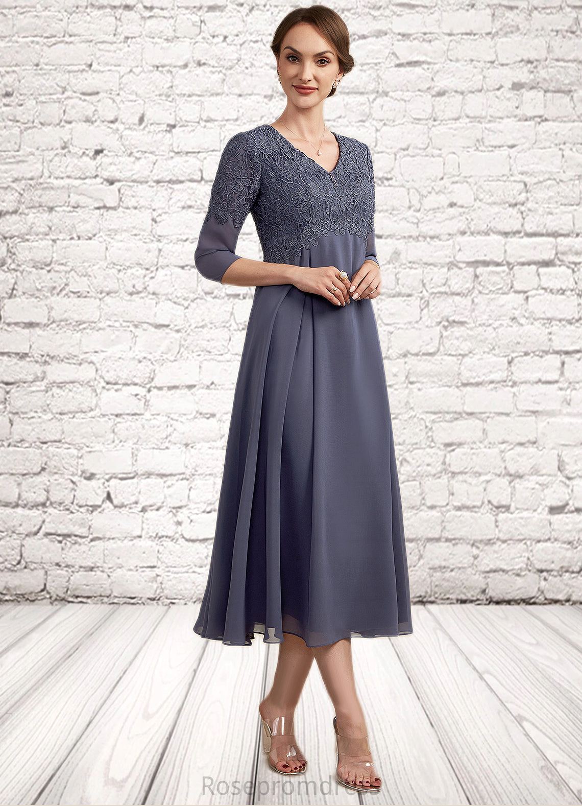 Aryanna A-line V-Neck Tea-Length Chiffon Lace Mother of the Bride Dress With Beading SRSP0014554