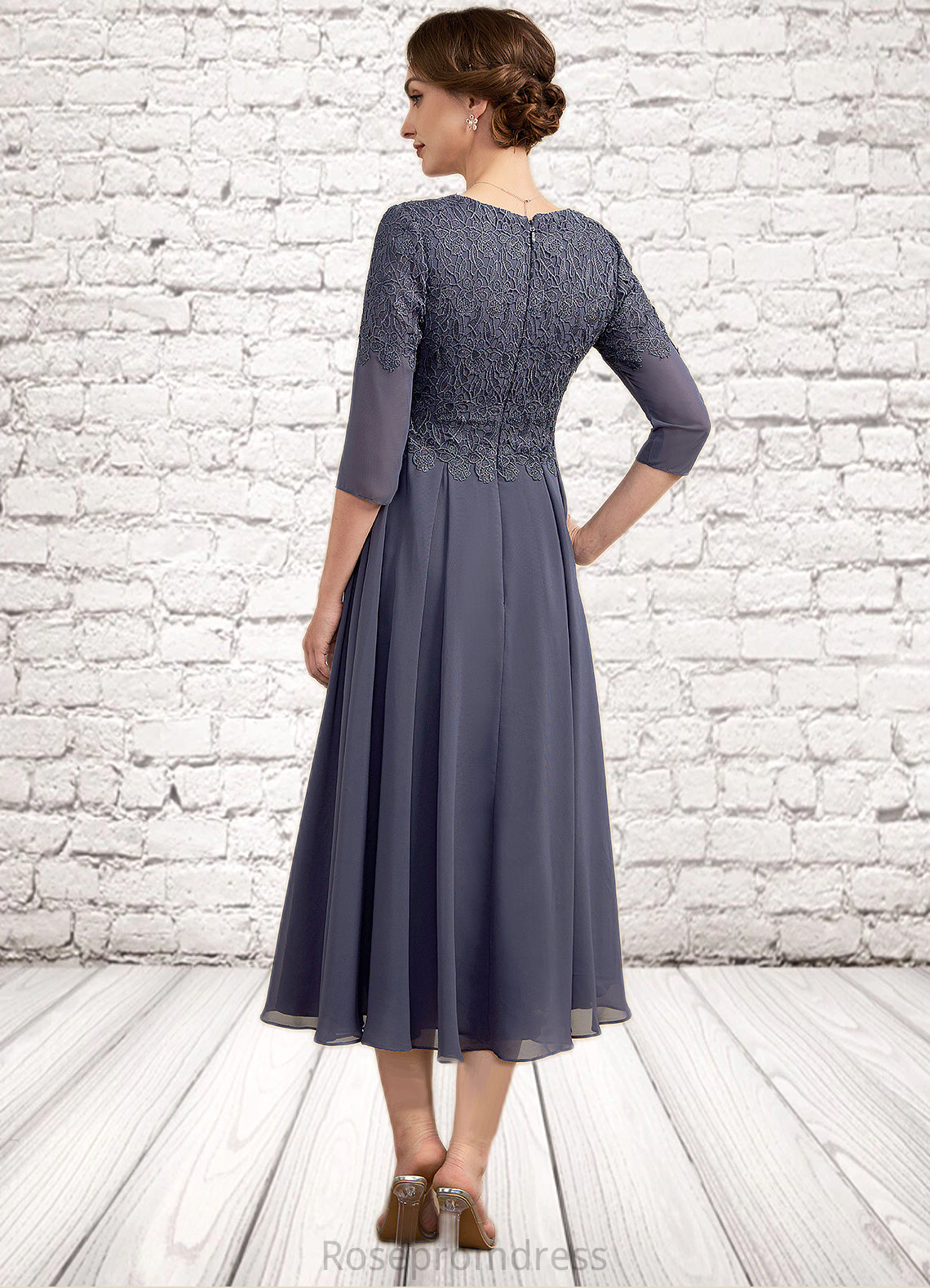 Aryanna A-line V-Neck Tea-Length Chiffon Lace Mother of the Bride Dress With Beading SRSP0014554