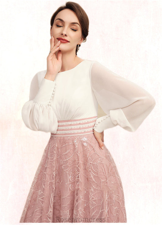 Moira A-Line Scoop Neck Tea-Length Chiffon Lace Mother of the Bride Dress With Beading SRSP0014557