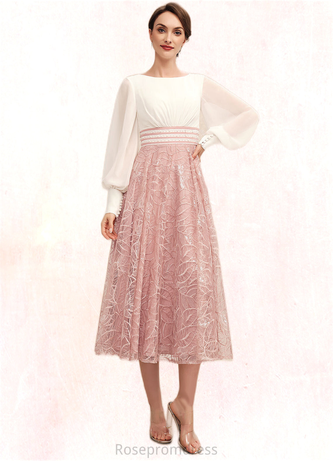 Moira A-Line Scoop Neck Tea-Length Chiffon Lace Mother of the Bride Dress With Beading SRSP0014557