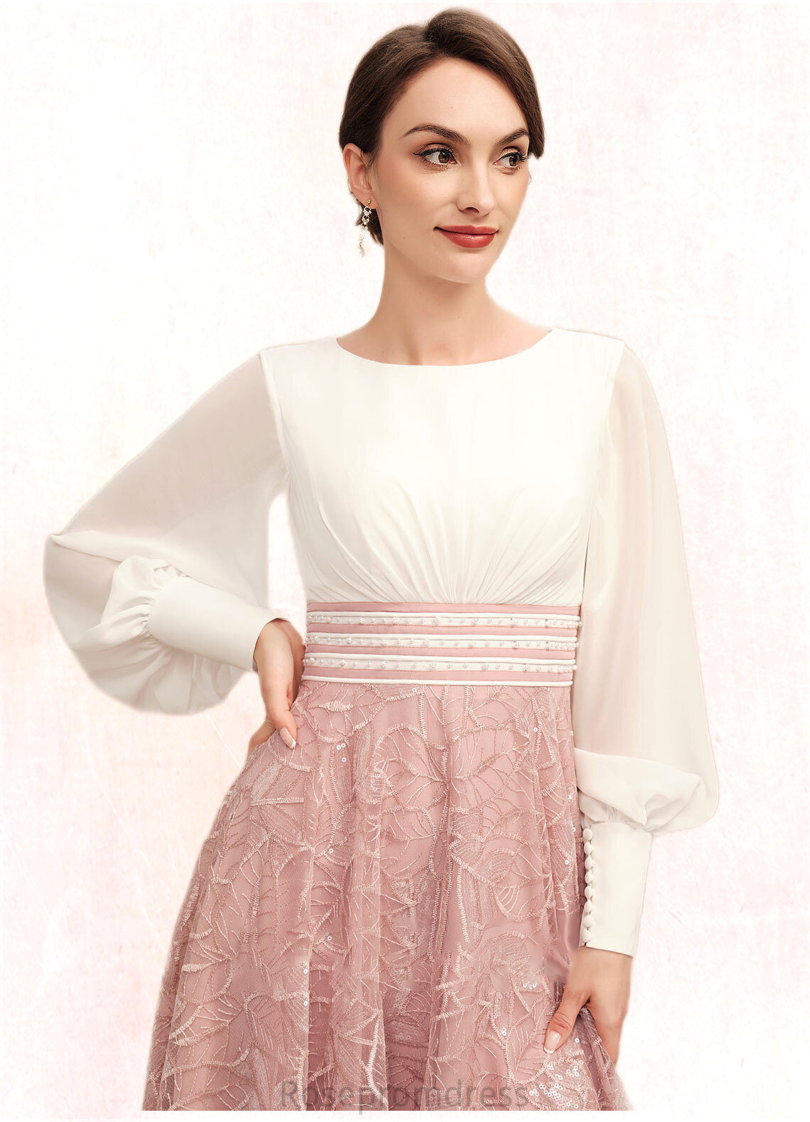 Moira A-Line Scoop Neck Tea-Length Chiffon Lace Mother of the Bride Dress With Beading SRSP0014557