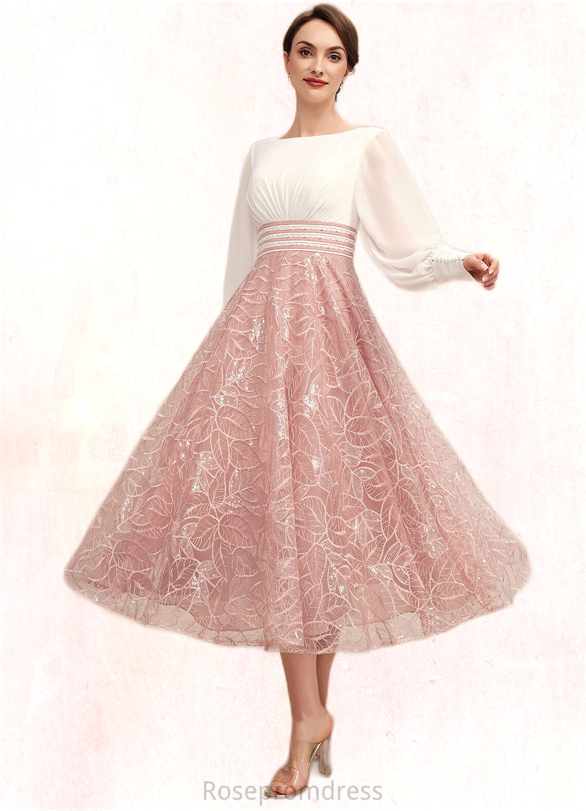 Moira A-Line Scoop Neck Tea-Length Chiffon Lace Mother of the Bride Dress With Beading SRSP0014557