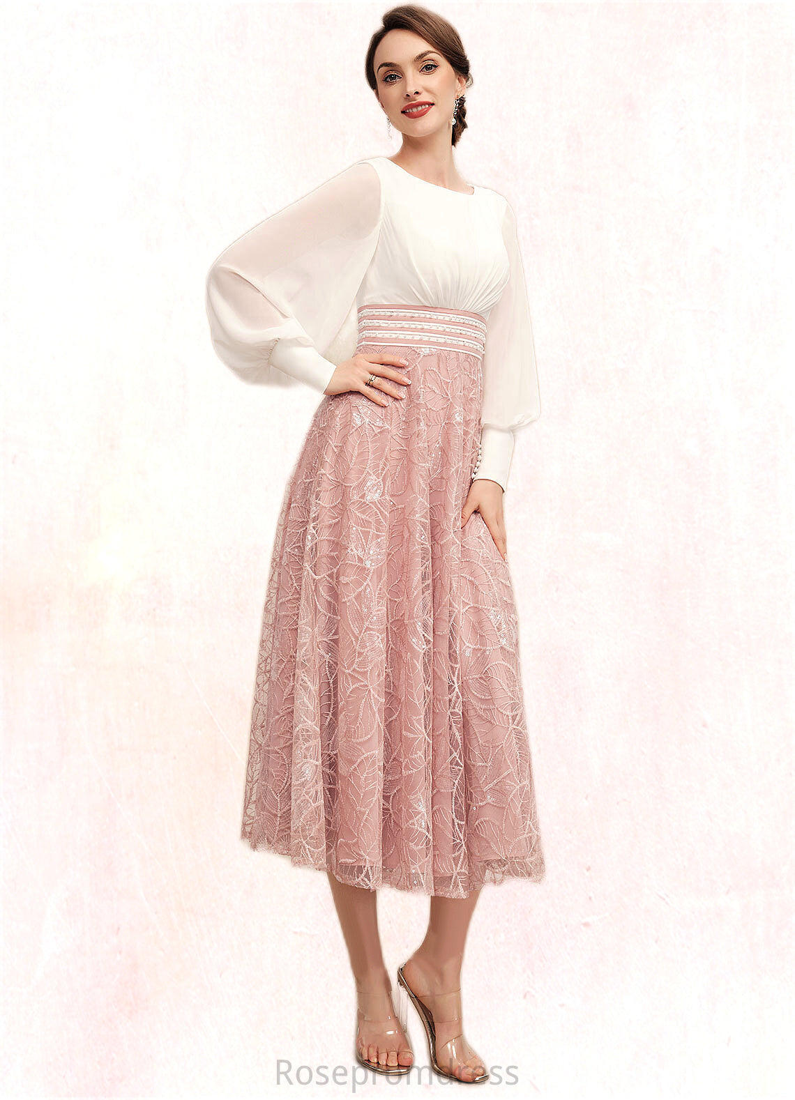Moira A-Line Scoop Neck Tea-Length Chiffon Lace Mother of the Bride Dress With Beading SRSP0014557
