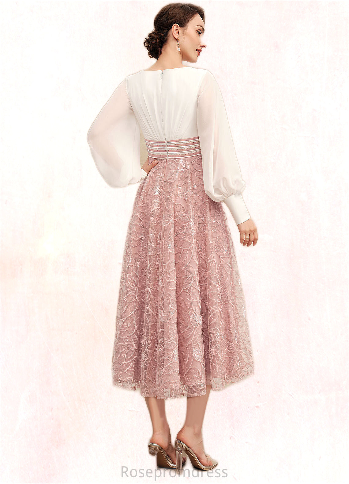Moira A-Line Scoop Neck Tea-Length Chiffon Lace Mother of the Bride Dress With Beading SRSP0014557
