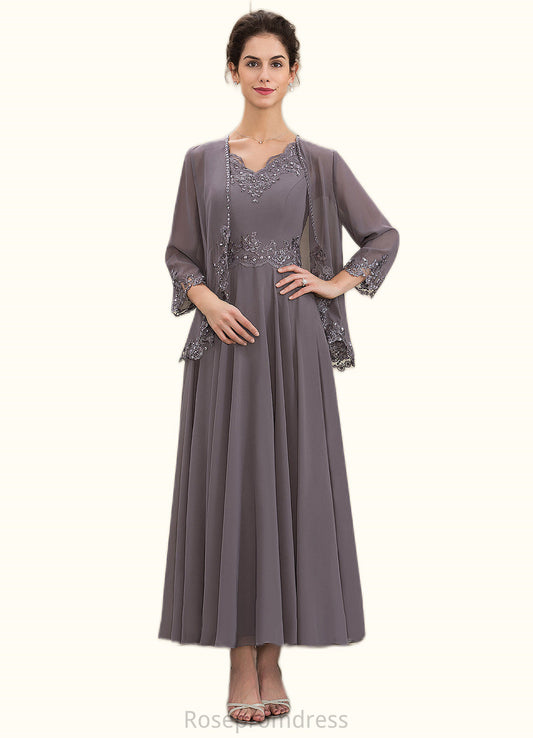 Makenna A-line V-Neck Ankle-Length Chiffon Mother of the Bride Dress With Beading Appliques Lace Sequins SRSP0014558