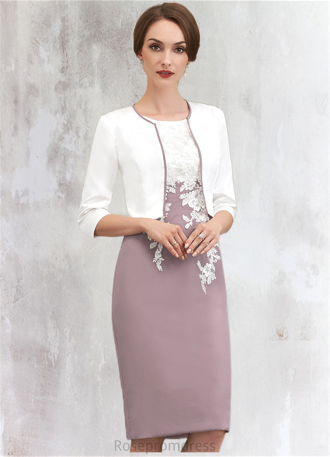 Mara Sheath/Column Scoop Neck Knee-Length Chiffon Lace Mother of the Bride Dress SRSP0014559