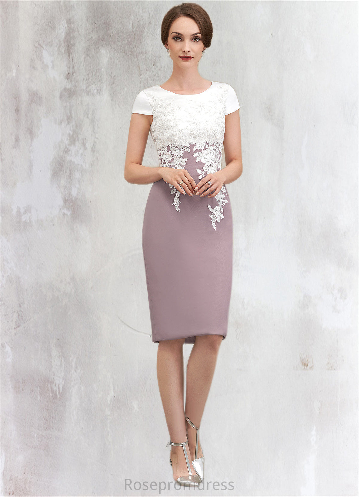 Mara Sheath/Column Scoop Neck Knee-Length Chiffon Lace Mother of the Bride Dress SRSP0014559