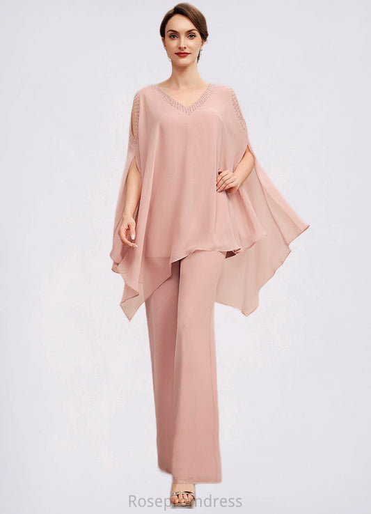 Penelope Jumpsuit/Pantsuit V-neck Floor-Length Chiffon Mother of the Bride Dress With Beading SRSP0014560