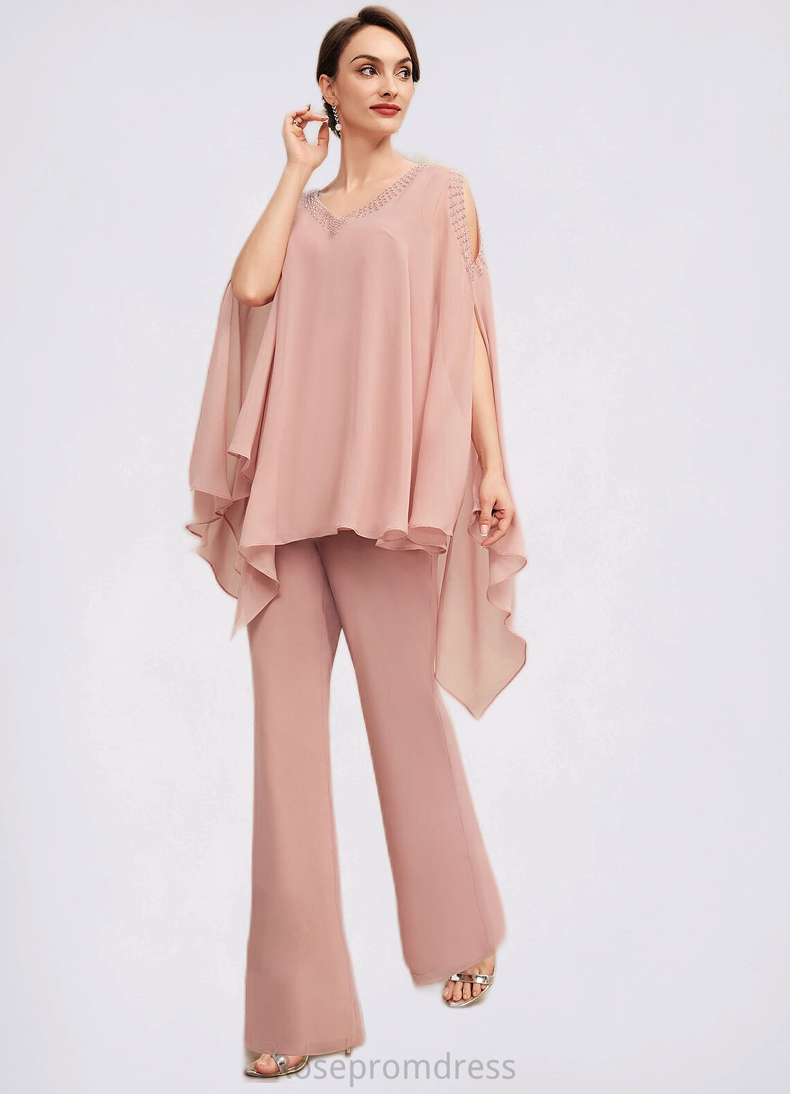 Penelope Jumpsuit/Pantsuit V-neck Floor-Length Chiffon Mother of the Bride Dress With Beading SRSP0014560