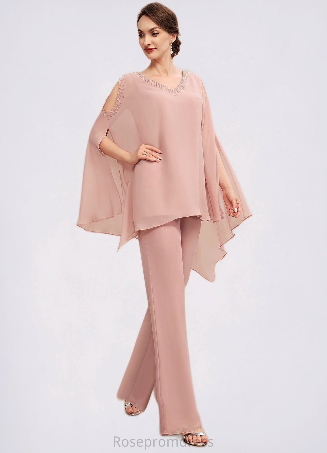Penelope Jumpsuit/Pantsuit V-neck Floor-Length Chiffon Mother of the Bride Dress With Beading SRSP0014560