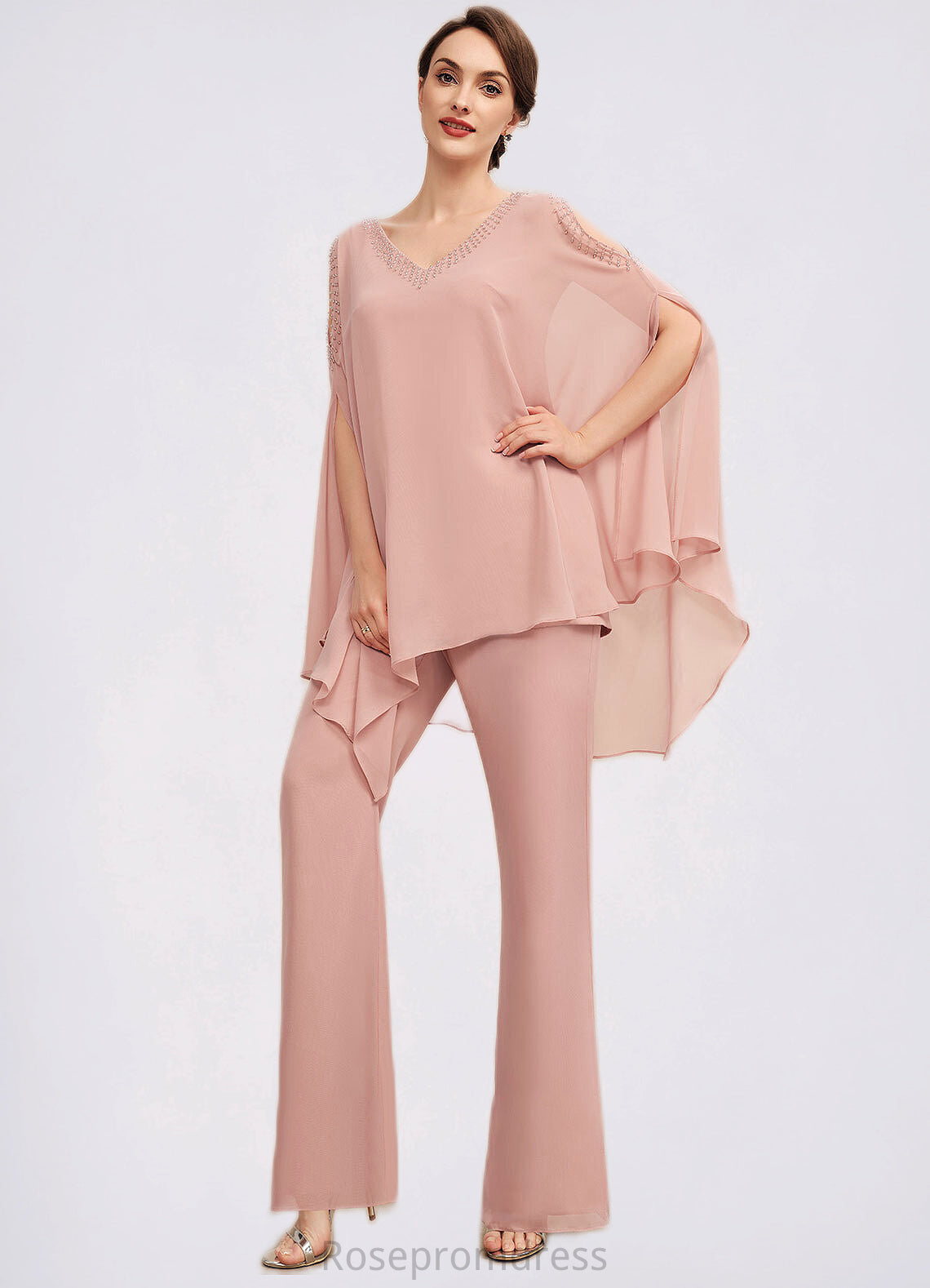 Penelope Jumpsuit/Pantsuit V-neck Floor-Length Chiffon Mother of the Bride Dress With Beading SRSP0014560