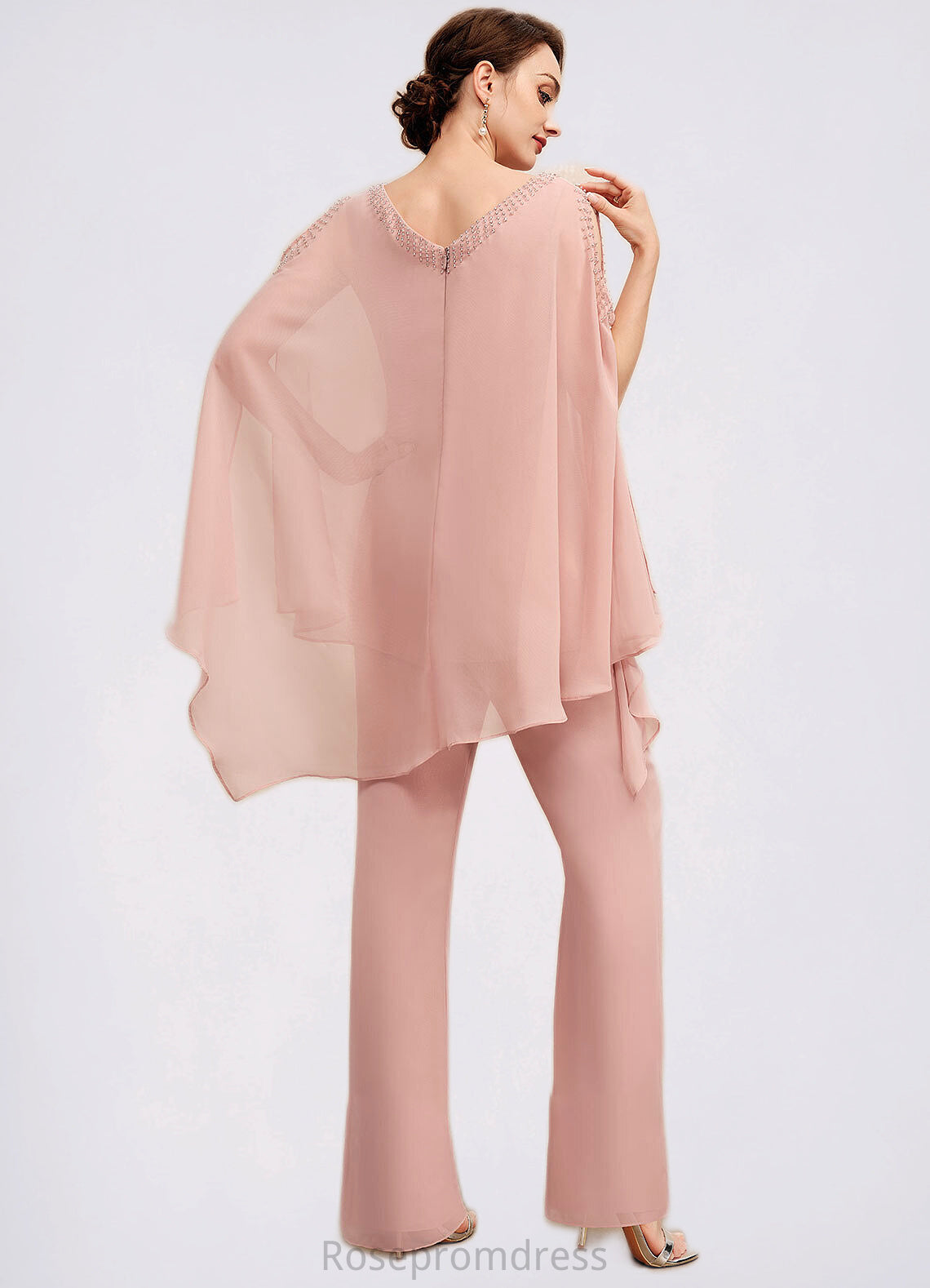 Penelope Jumpsuit/Pantsuit V-neck Floor-Length Chiffon Mother of the Bride Dress With Beading SRSP0014560