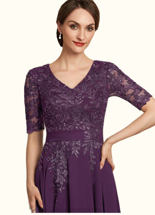 Lila A-line V-Neck Tea-Length Chiffon Lace Mother of the Bride Dress With Sequins SRSP0014561