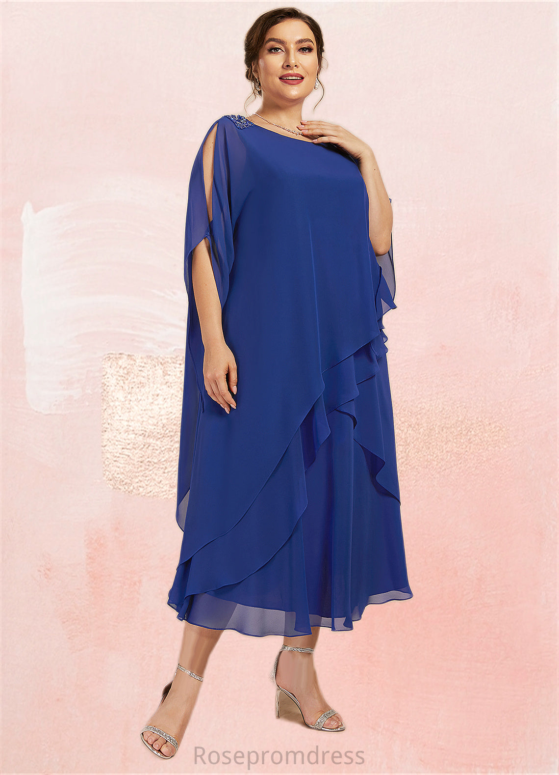 Izabelle A-Line Scoop Neck Tea-Length Chiffon Mother of the Bride Dress With Beading Sequins Cascading Ruffles SRSP0014562