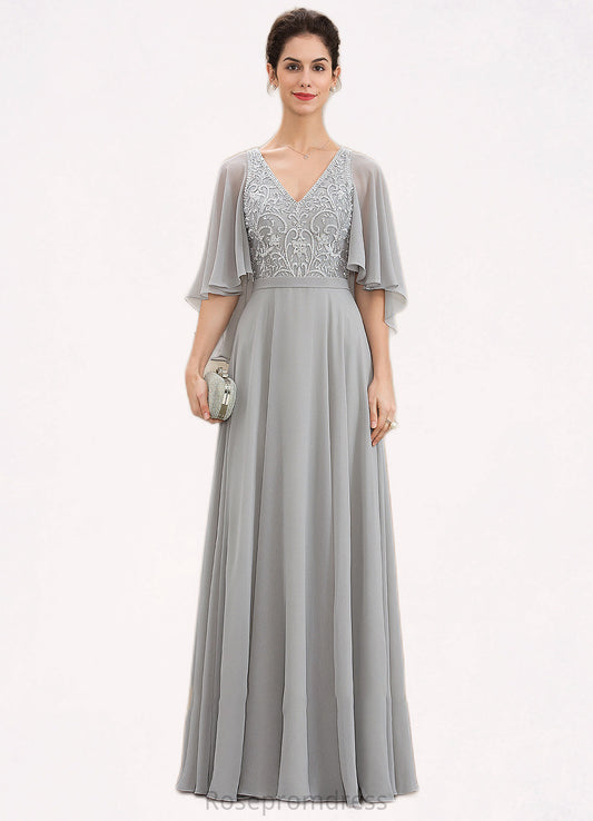 Kayla A-line V-Neck Floor-Length Chiffon Lace Mother of the Bride Dress With Beading Sequins SRSP0014563