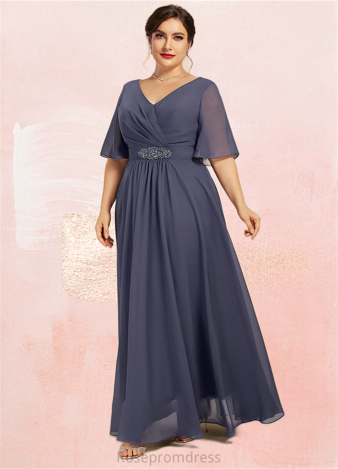 Genevieve A-Line V-neck Ankle-Length Chiffon Mother of the Bride Dress With Ruffle Beading Sequins SRSP0014564