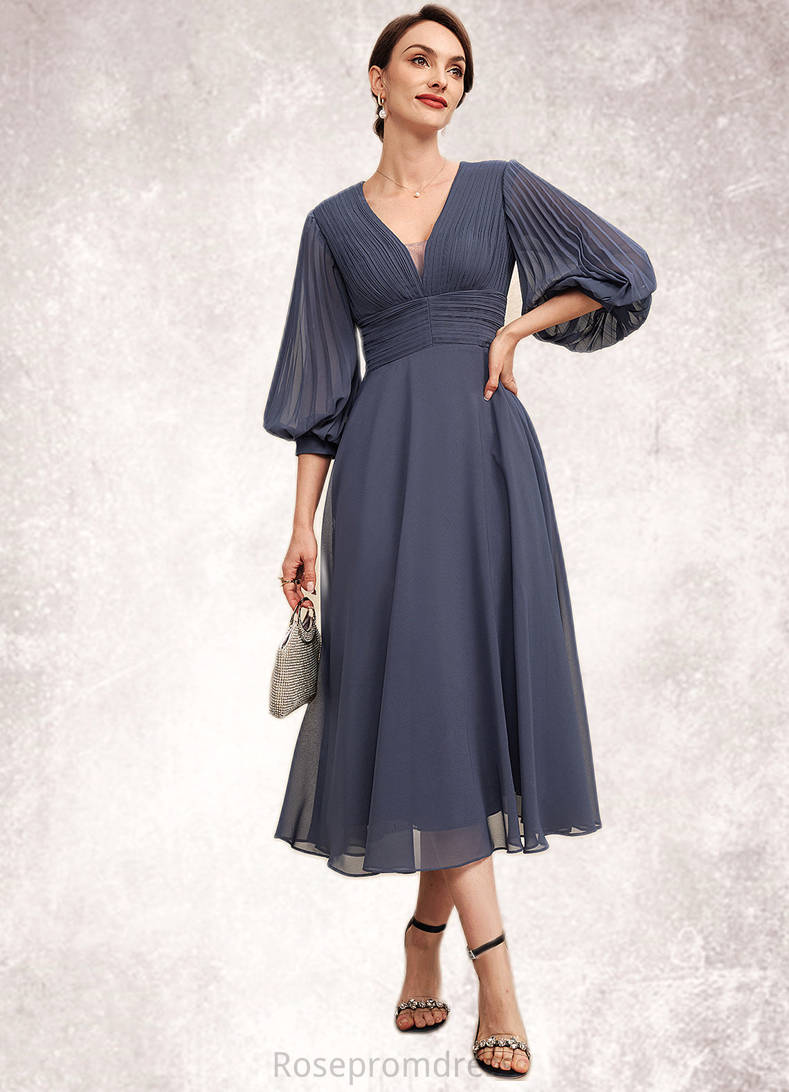 Jillian A-Line V-neck Tea-Length Chiffon Mother of the Bride Dress With Ruffle SRSP0014566