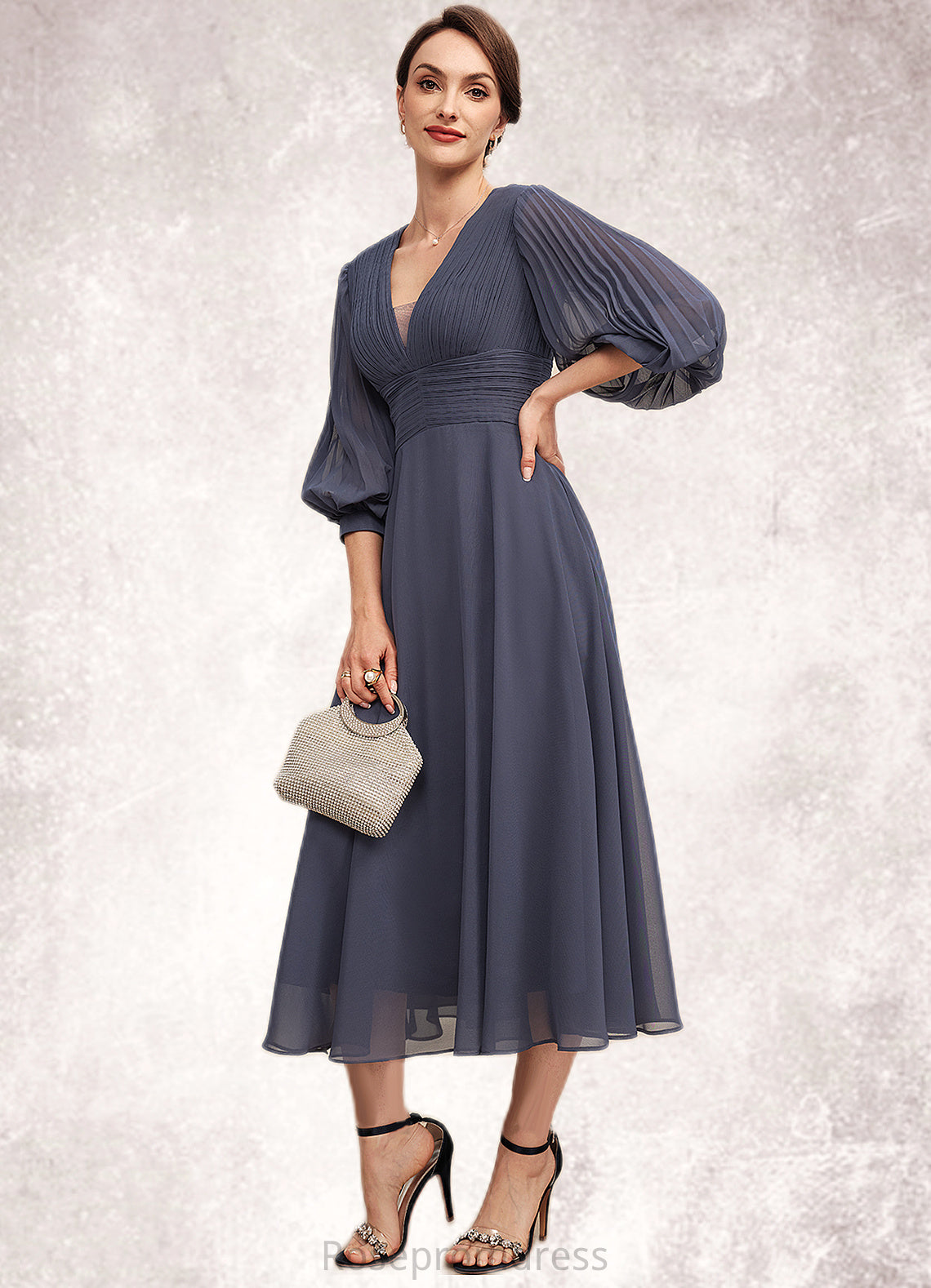 Jillian A-Line V-neck Tea-Length Chiffon Mother of the Bride Dress With Ruffle SRSP0014566