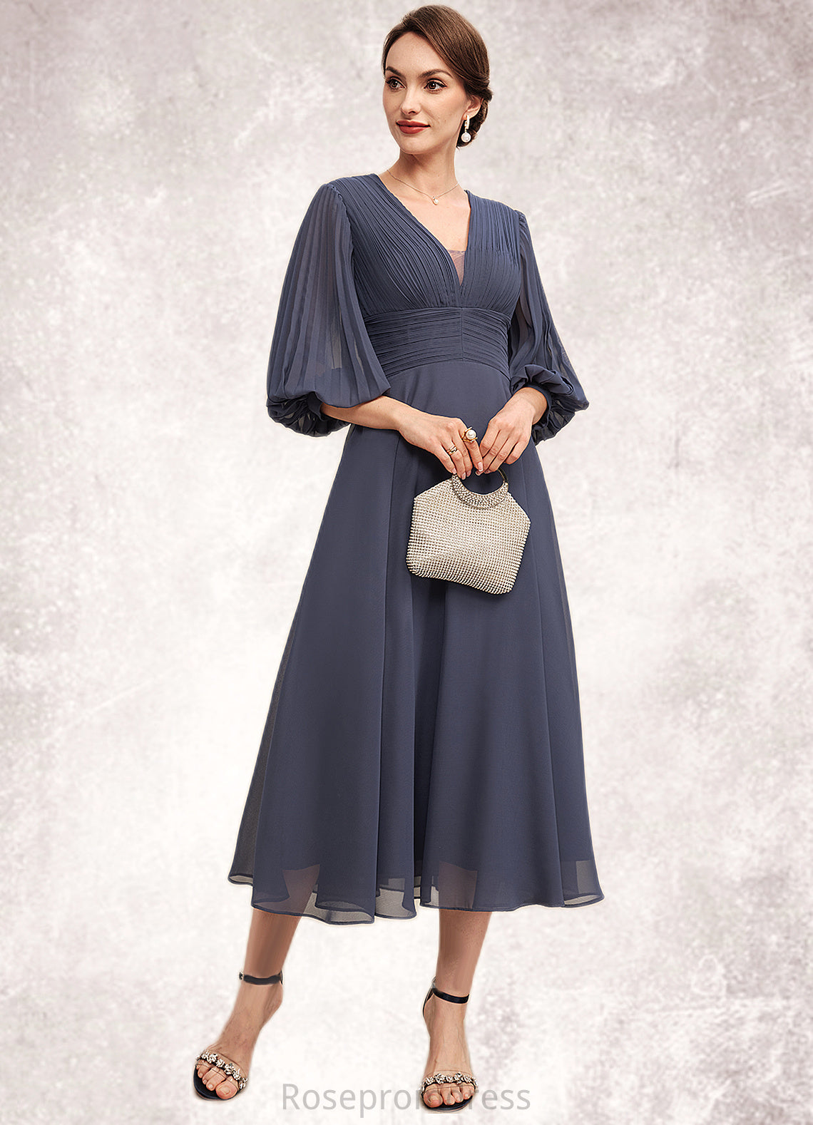 Jillian A-Line V-neck Tea-Length Chiffon Mother of the Bride Dress With Ruffle SRSP0014566