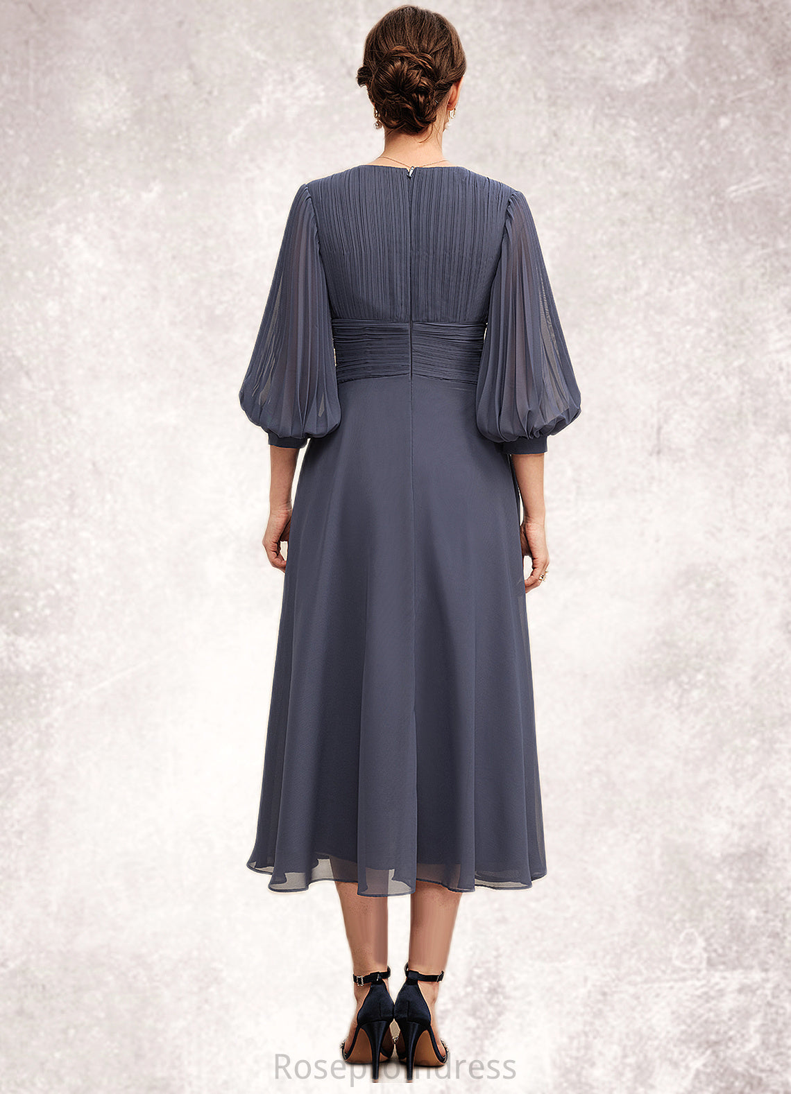 Jillian A-Line V-neck Tea-Length Chiffon Mother of the Bride Dress With Ruffle SRSP0014566