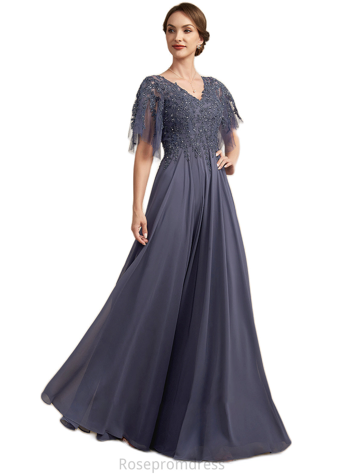 Sophie A-line V-Neck Floor-Length Chiffon Lace Mother of the Bride Dress With Beading Sequins SRSP0014571