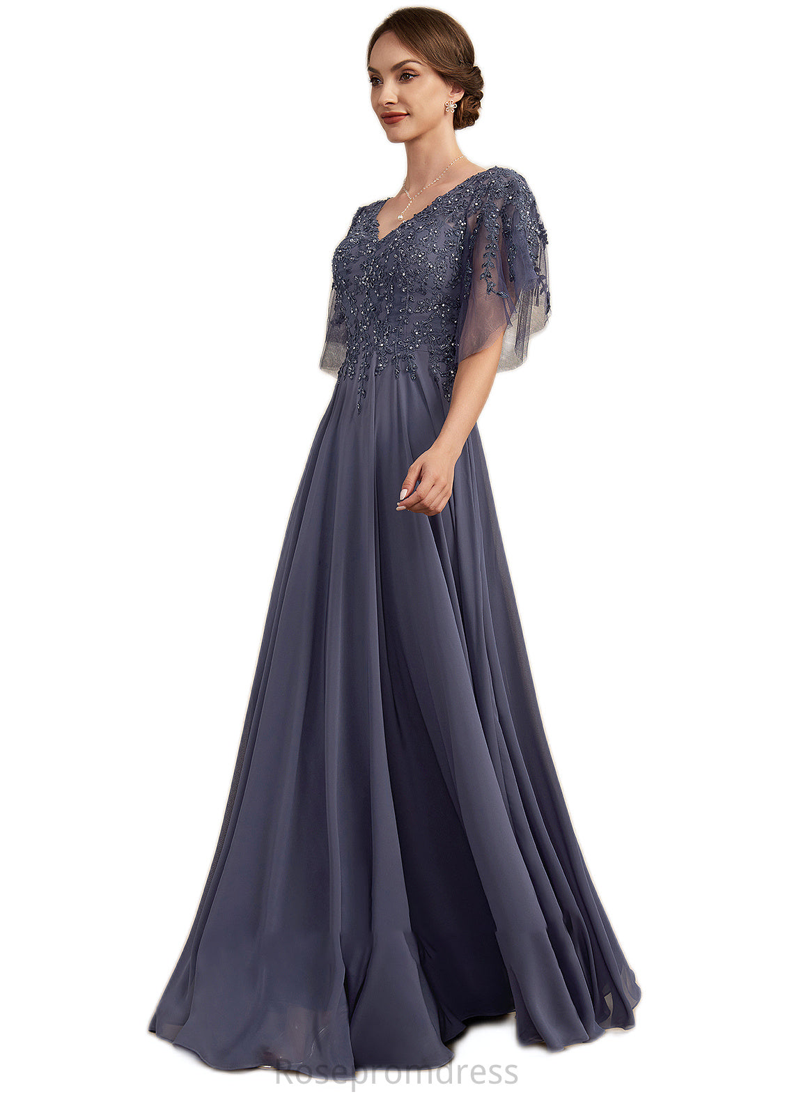 Sophie A-line V-Neck Floor-Length Chiffon Lace Mother of the Bride Dress With Beading Sequins SRSP0014571