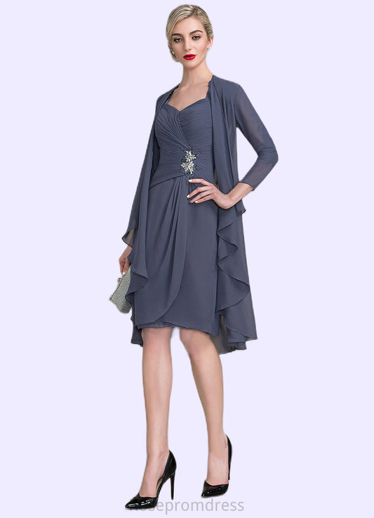 Natalya Sheath/Column Sweetheart Knee-Length Chiffon Mother of the Bride Dress With Ruffle Beading Appliques Lace Sequins SRSP0014572