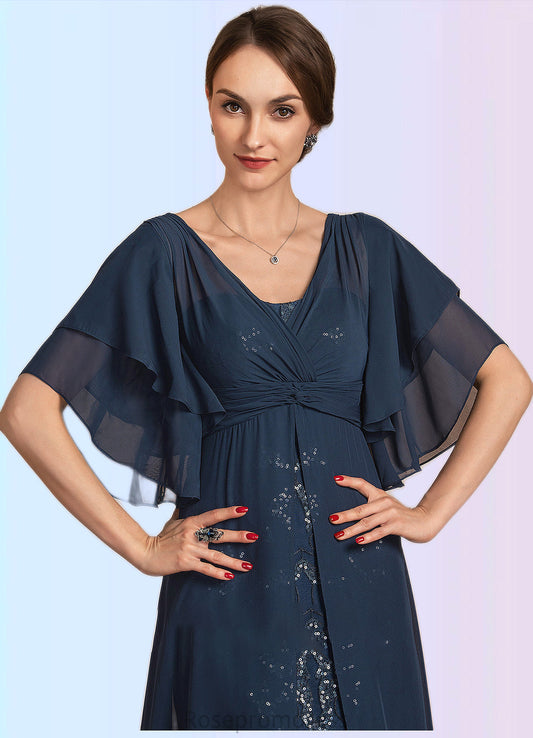 Aria Sheath/Column V-neck Floor-Length Chiffon Lace Mother of the Bride Dress With Ruffle Sequins SRSP0014573