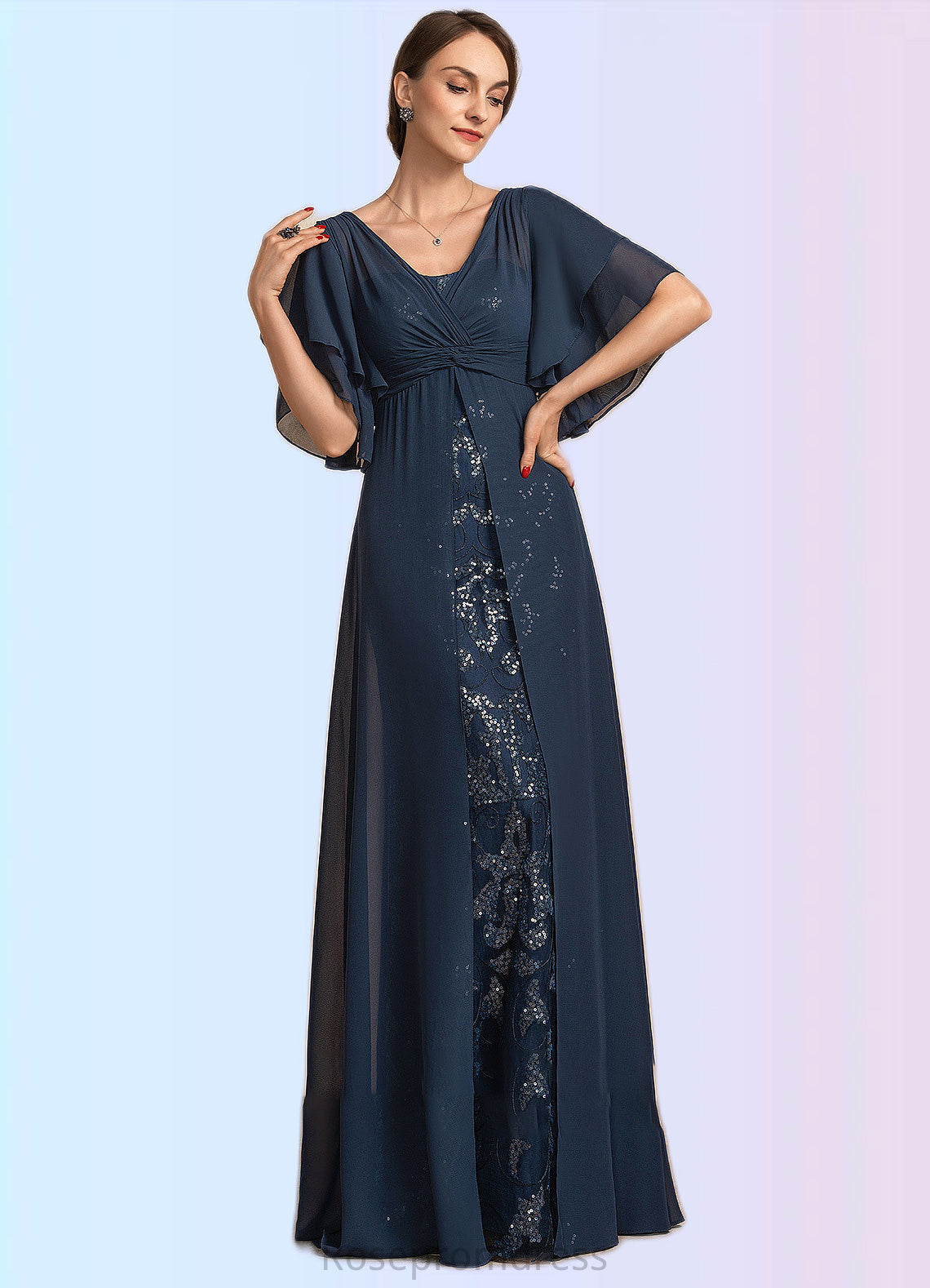 Aria Sheath/Column V-neck Floor-Length Chiffon Lace Mother of the Bride Dress With Ruffle Sequins SRSP0014573
