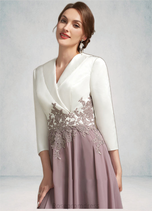 Lia A-Line V-neck Tea-Length Chiffon Lace Mother of the Bride Dress SRSP0014575