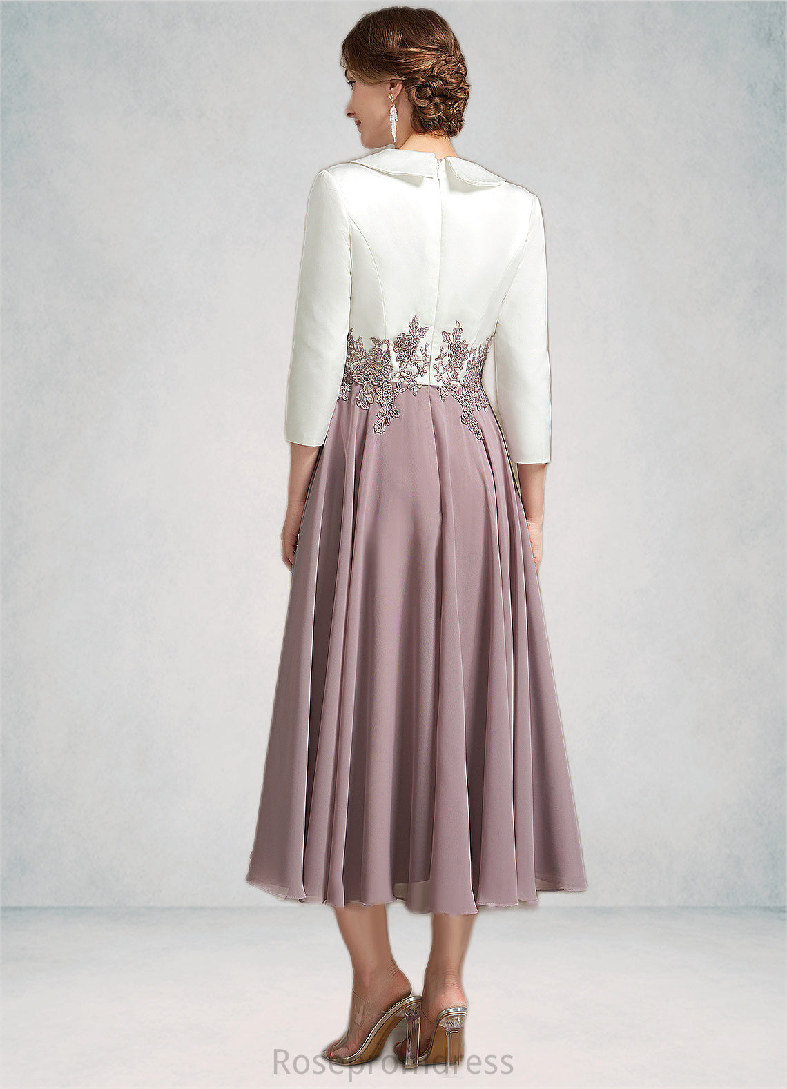 Lia A-Line V-neck Tea-Length Chiffon Lace Mother of the Bride Dress SRSP0014575