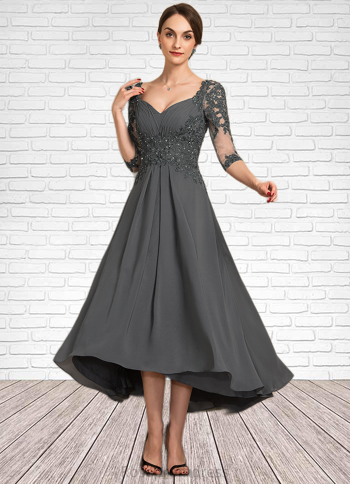 Savannah A-Line Sweetheart Asymmetrical Chiffon Lace Mother of the Bride Dress With Beading Sequins SRSP0014579