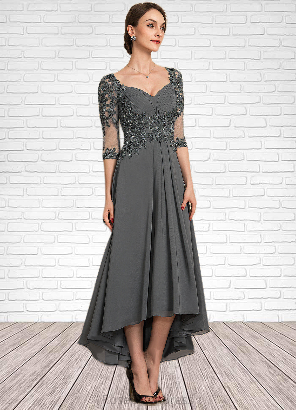 Savannah A-Line Sweetheart Asymmetrical Chiffon Lace Mother of the Bride Dress With Beading Sequins SRSP0014579