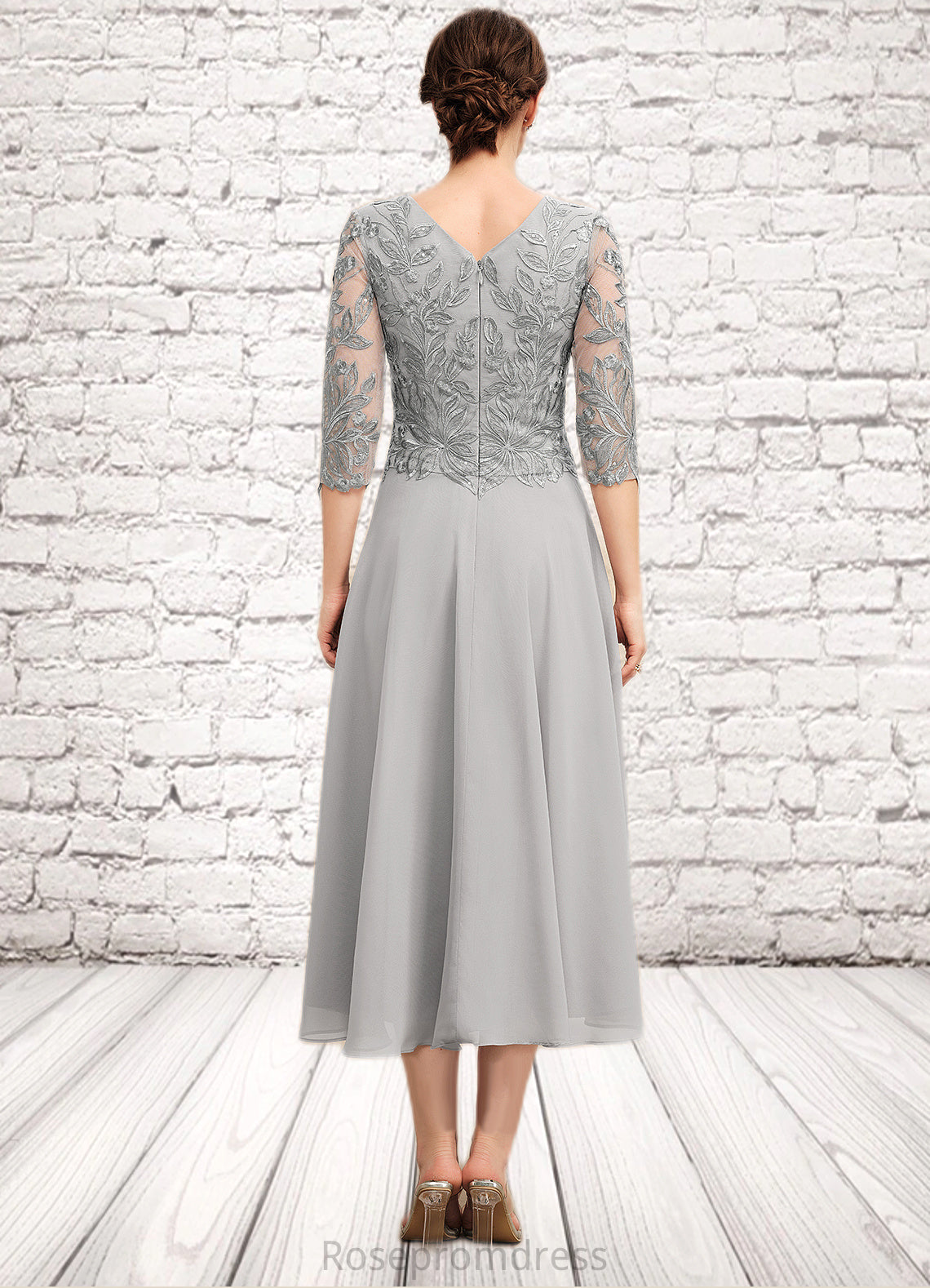 Fernanda A-Line Scoop Neck Tea-Length Chiffon Lace Mother of the Bride Dress With Sequins SRSP0014580