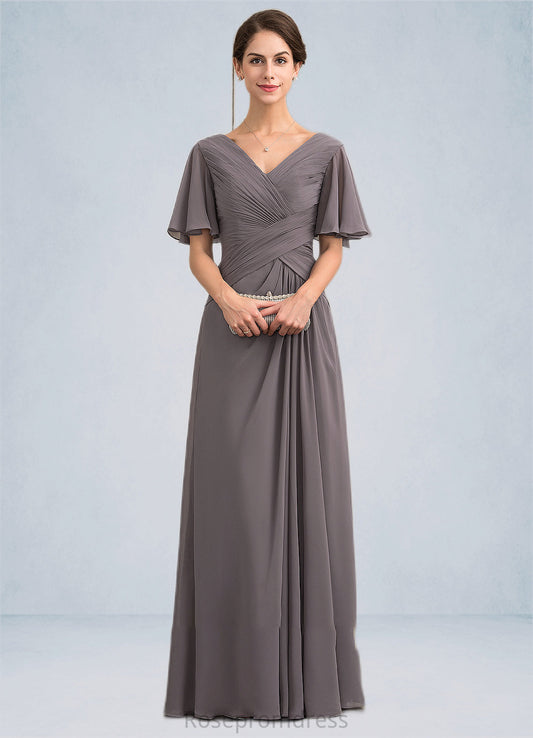 Valerie A-Line V-neck Floor-Length Chiffon Mother of the Bride Dress With Ruffle SRSP0014581
