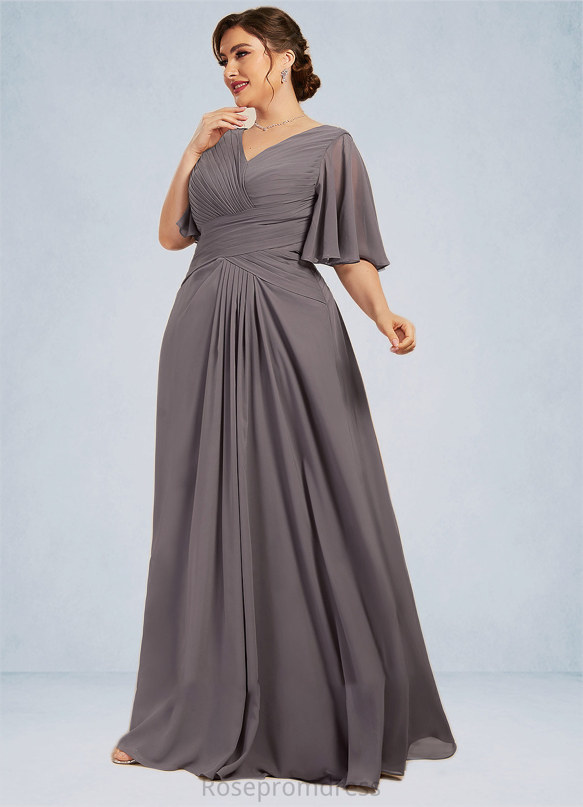 Valerie A-Line V-neck Floor-Length Chiffon Mother of the Bride Dress With Ruffle SRSP0014581