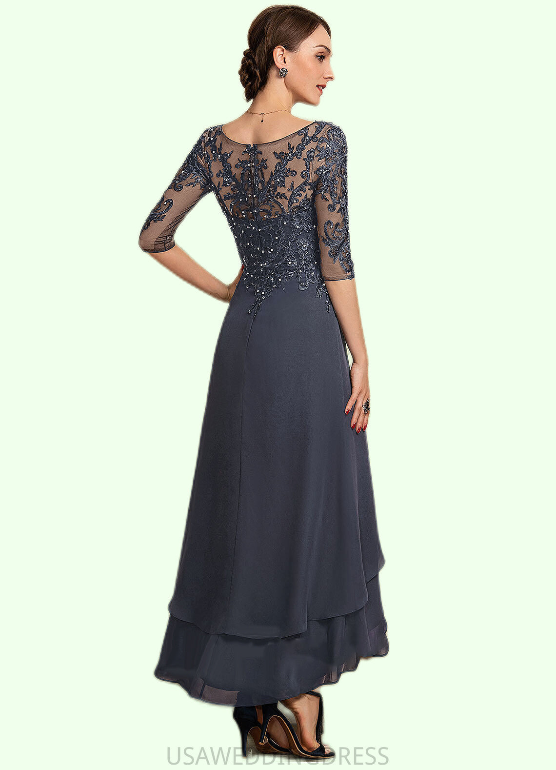 Frederica A-line V-Neck Asymmetrical Chiffon Lace Mother of the Bride Dress With Beading Sequins DS126P0014584
