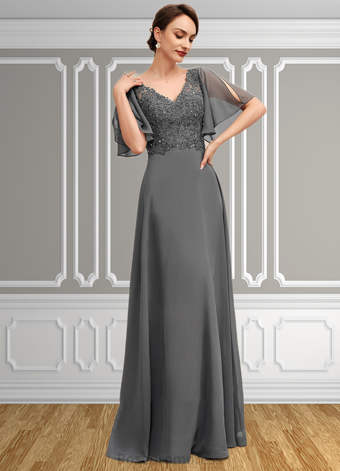 April A-line V-Neck Floor-Length Chiffon Lace Mother of the Bride Dress With Beading Sequins SRS126P0014589
