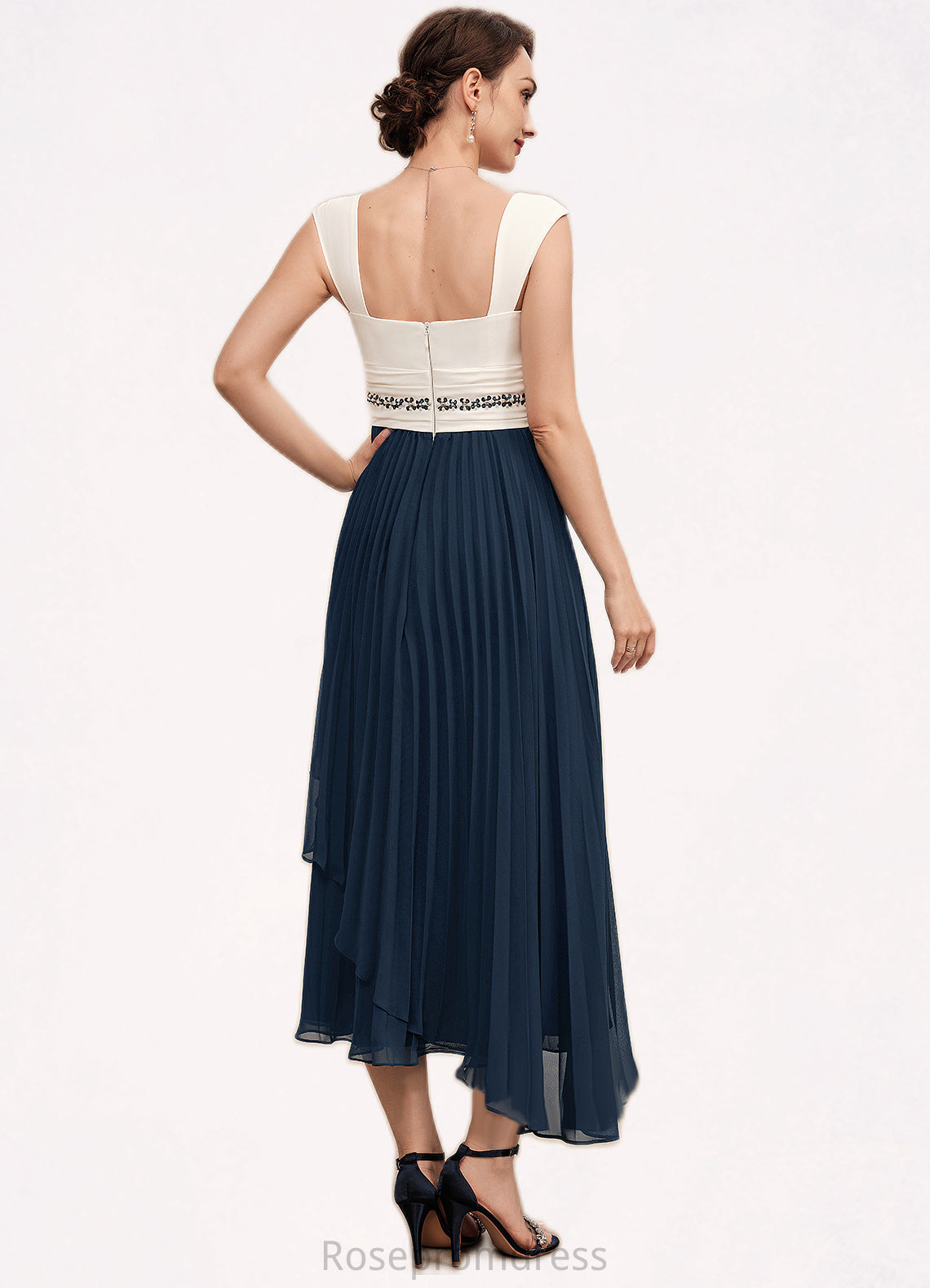 Kamila A-Line Square Neckline Tea-Length Chiffon Mother of the Bride Dress With Beading Sequins Pleated SRS126P0014594