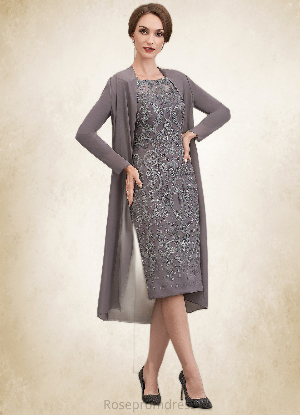 Sally Sheath/Column Off-the-Shoulder Knee-Length Lace Mother of the Bride Dress SRS126P0014595