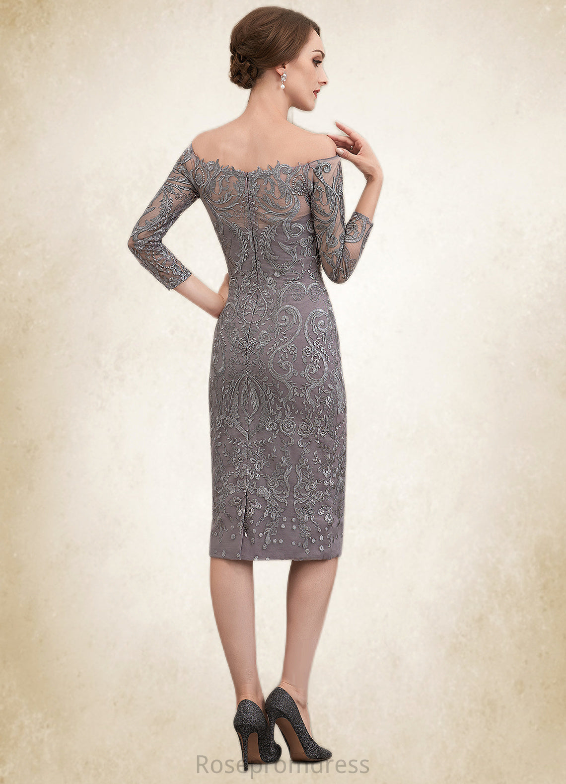 Sally Sheath/Column Off-the-Shoulder Knee-Length Lace Mother of the Bride Dress SRS126P0014595