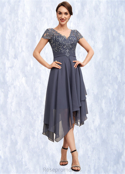 Karla A-Line V-neck Asymmetrical Chiffon Lace Mother of the Bride Dress With Ruffle SRS126P0014596